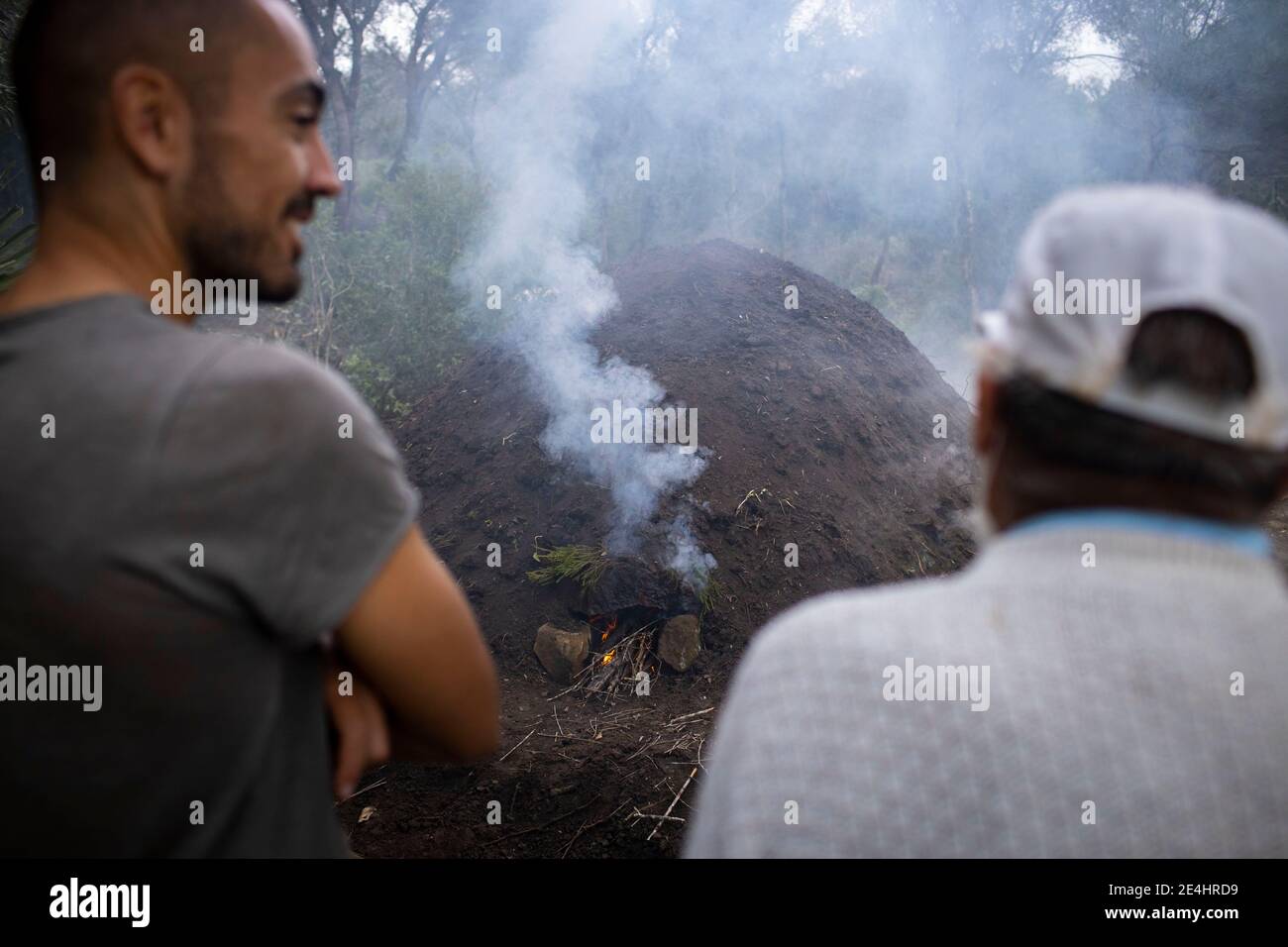 Workers next to charcoal kiln burning Stock Photo Alamy