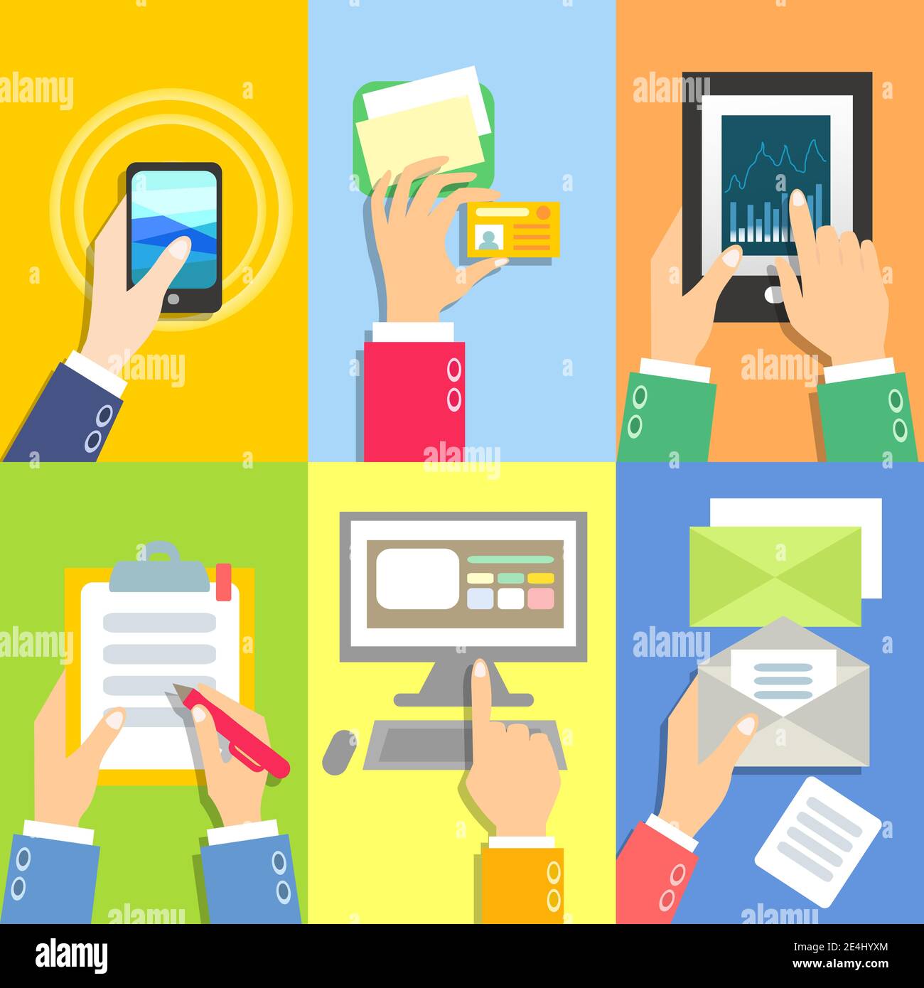 Set of business hands with business objects vector illustration Stock ...