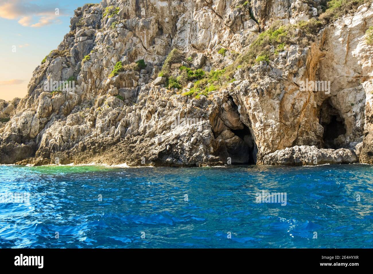 View from a boat near the Blue Eye cave on the coast of the Greek island of Corfu, Greece. Stock Photo