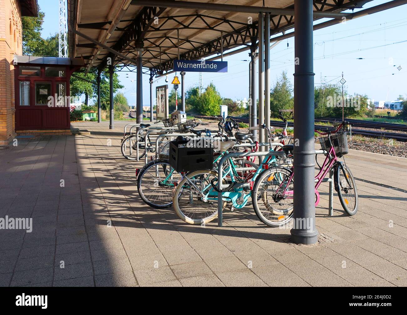 Parked bicycles at the Warnemunde Germany Train station near the cruise