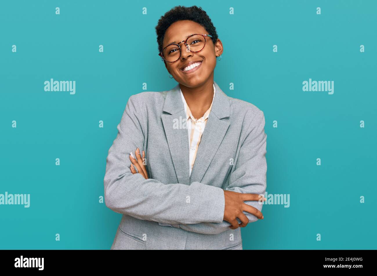 Young african american woman wearing business clothes happy face ...