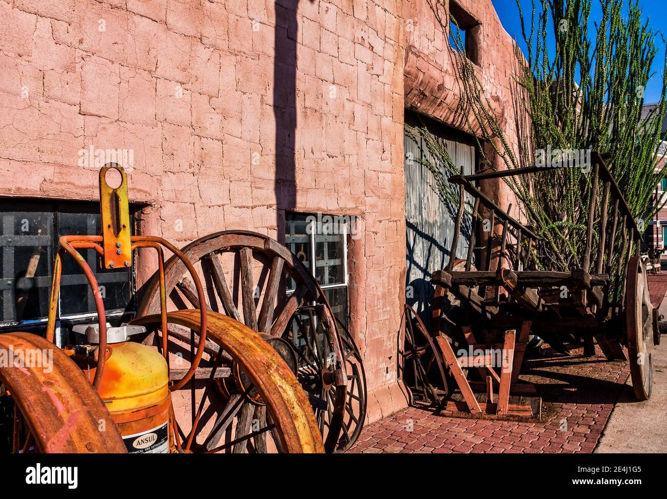 Old Wooden Cart and Fire Fighting Equipment  in Old Town, Scottsdale, Arizona, USA Stock Photo