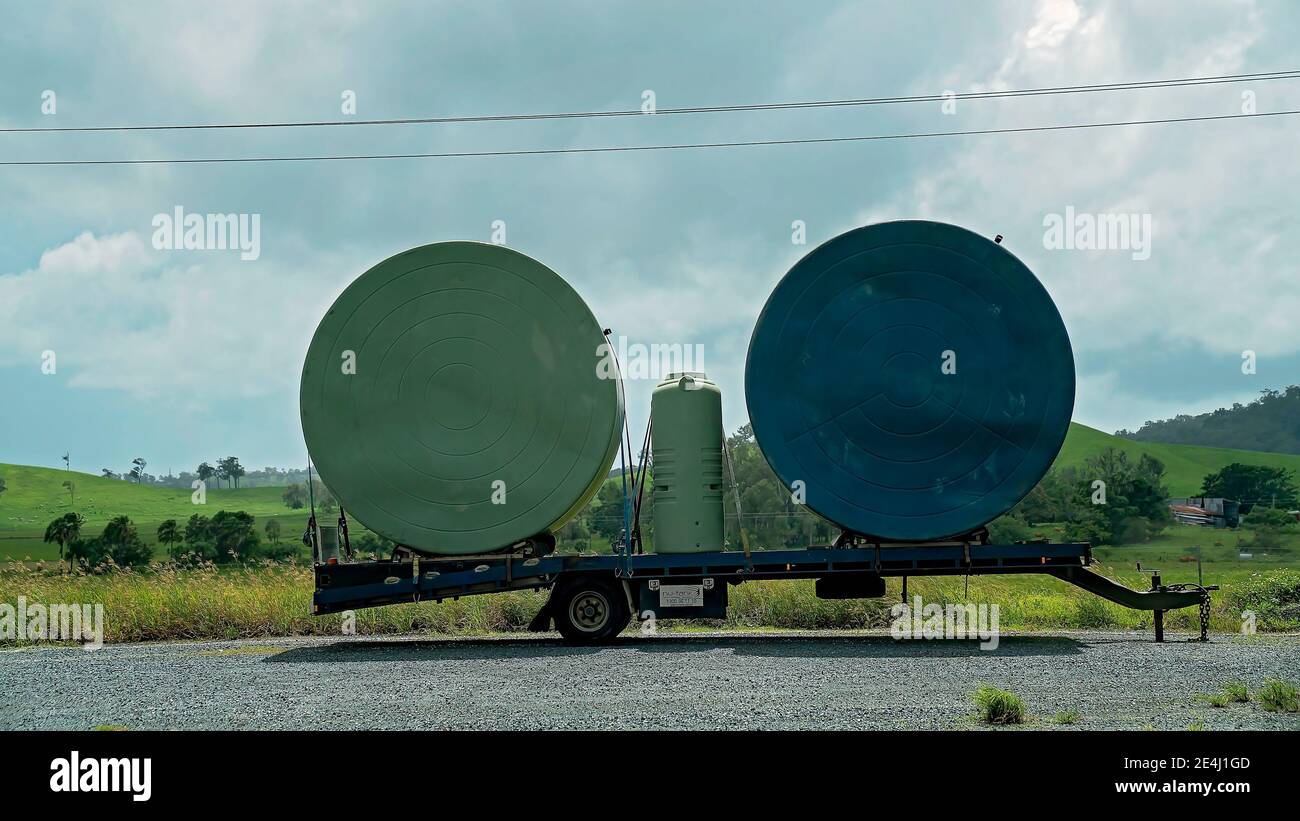 Mackay, Queensland, Australia January 2021 Three water tanks on a