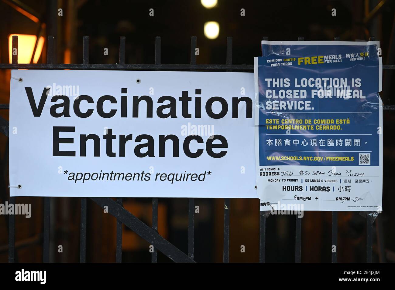 Entrance to a COVID-19 Vaccination Hub in the Elmhurst section of the Queens borough of New York City, NY, January 23, 2021. New York City has ordered 15 if its COVID-19 Vaccinations hubs closed and appointments cancelled due to a shortage of the COVID-19 vaccine; the United States recently surpassed 400,000 deaths due to Coronavirus infections.  (Photo by Anthony Behar/Sipa USA) Stock Photo