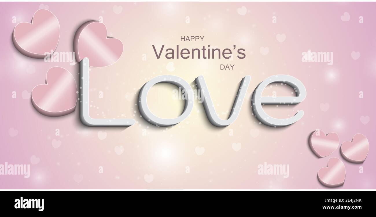 Happy Valentines Day.Greeting card background with love 3d text effect.Pink hearts 3d shape.Vector illustration.Eps10 Stock Vector