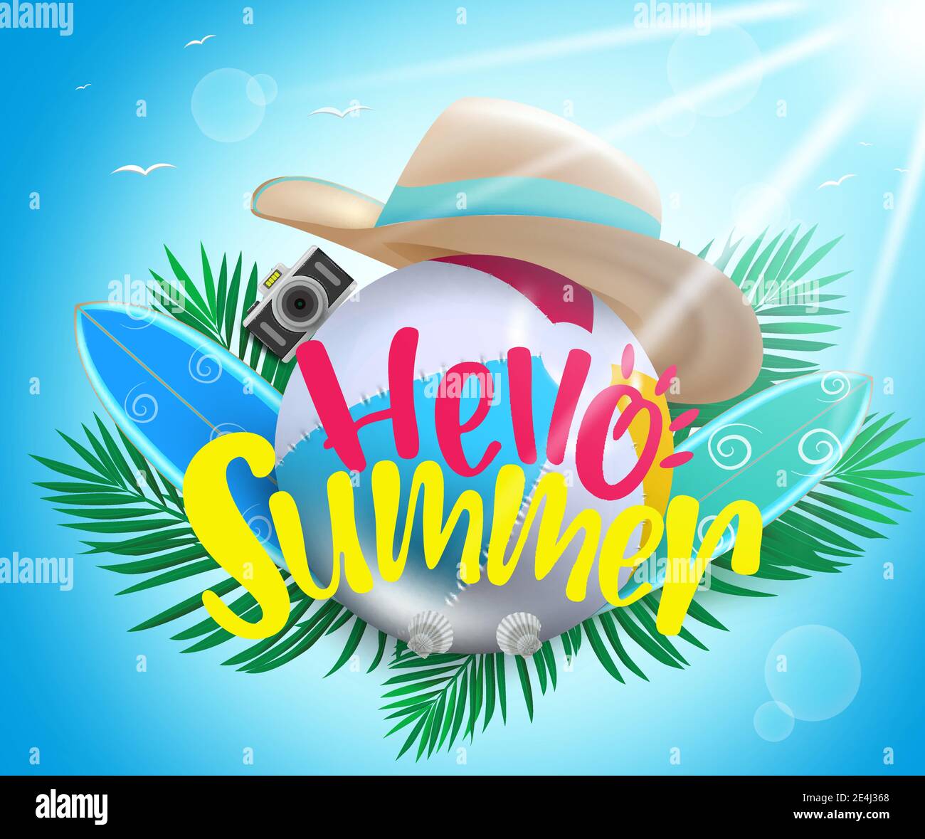 Summer vector background concept. Hello summer text with beach ball, hat, surfboard and camera elements for fun and relax travel vacation design. Stock Vector