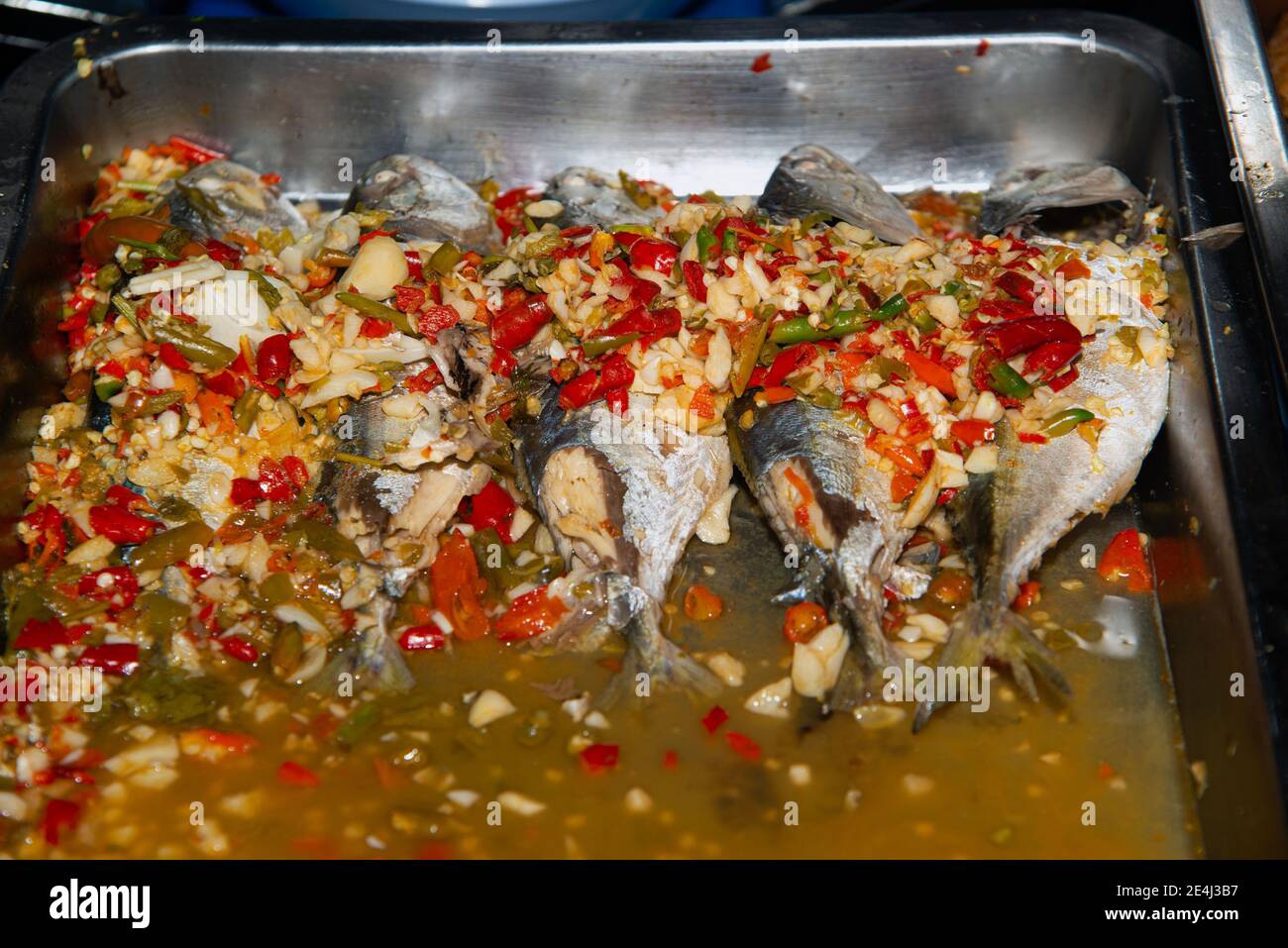 Steamed Mackerel with Lemon on a Tray Stock Photo Alamy