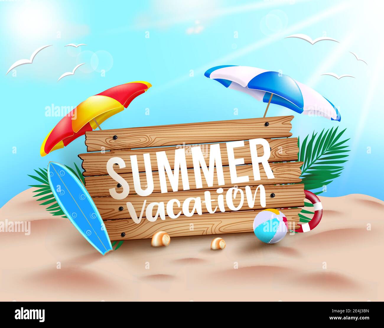 Summer vacation vector concept design. Summer vacation text in wood texture with beach elements like umbrella, surfboard and beachball for fun. Stock Vector