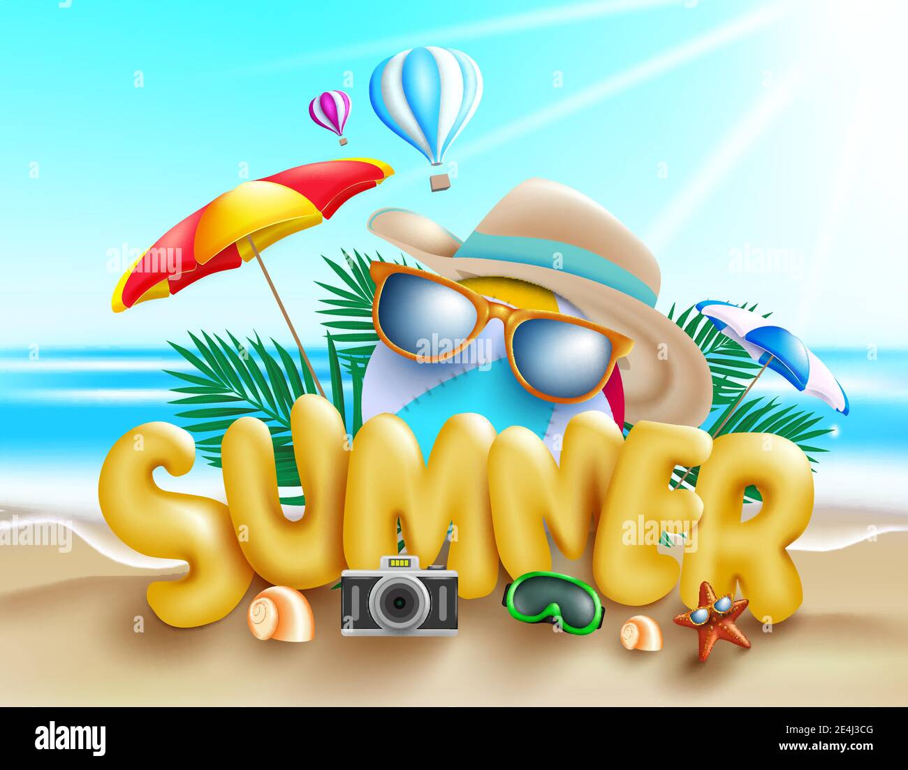 Summer vector concept design. Summer 3d text with fun and enjoy travel vacation elements like beachball, sunglasses, hat and camera in beach. Stock Vector