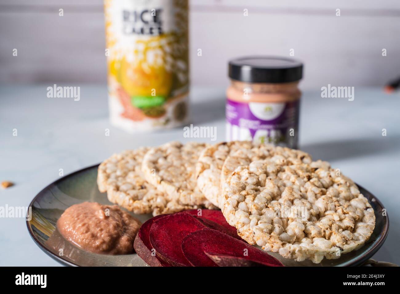 Crispy puffed rice cakes on plate - close up on healthy breakfast Stock Photo