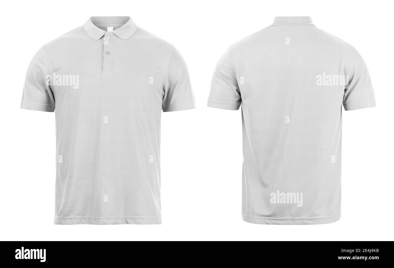 Grey polo shirts mockup front and back used as design template, isolated on white background with clipping path. Stock Photo