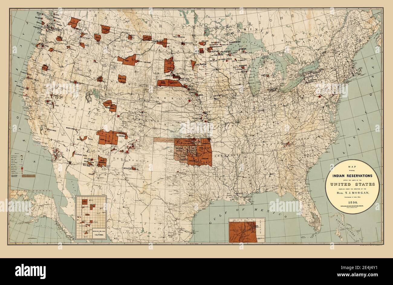 Original title: 'Indian reservations within the limits of the United States.' This is an enhanced, restored reproduction of an old map showing Indian Reservations by name as of 1890. Also shows locations of other important landmarks related to the reservation system. Stock Photo