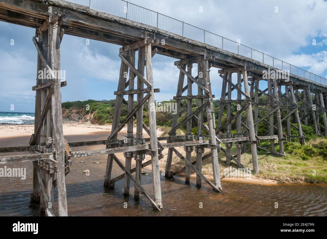 Historic timber trestle bridge at Kilcunda (1911) now forms part of the Bass Coast Rail Trail, South Gippsland, Victoria, Australia Stock Photo