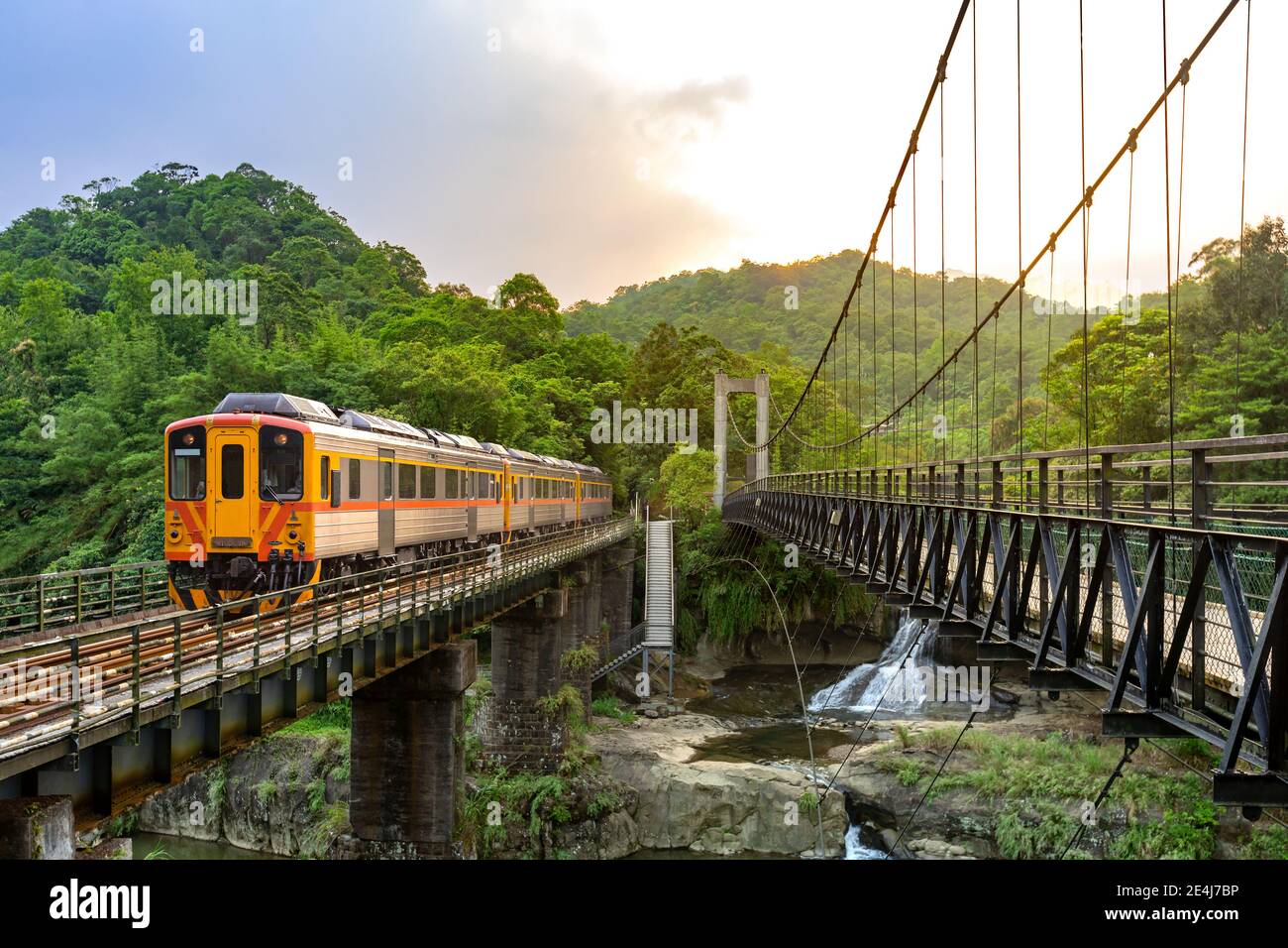 Trains Traveling at Pingxi Line in , New Taipei City, Taiwan Stock Photo