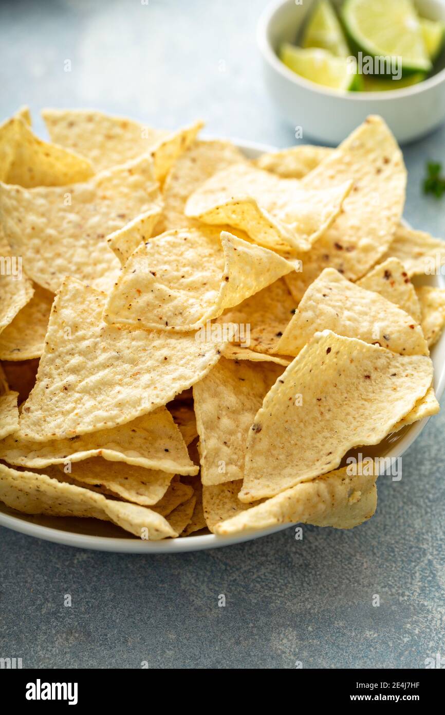 Corn tortilla chips in a bowl Stock Photo