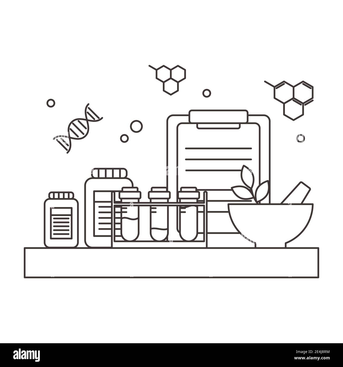chemistry laboratory equipment mortar test tubes medicine and clipboard