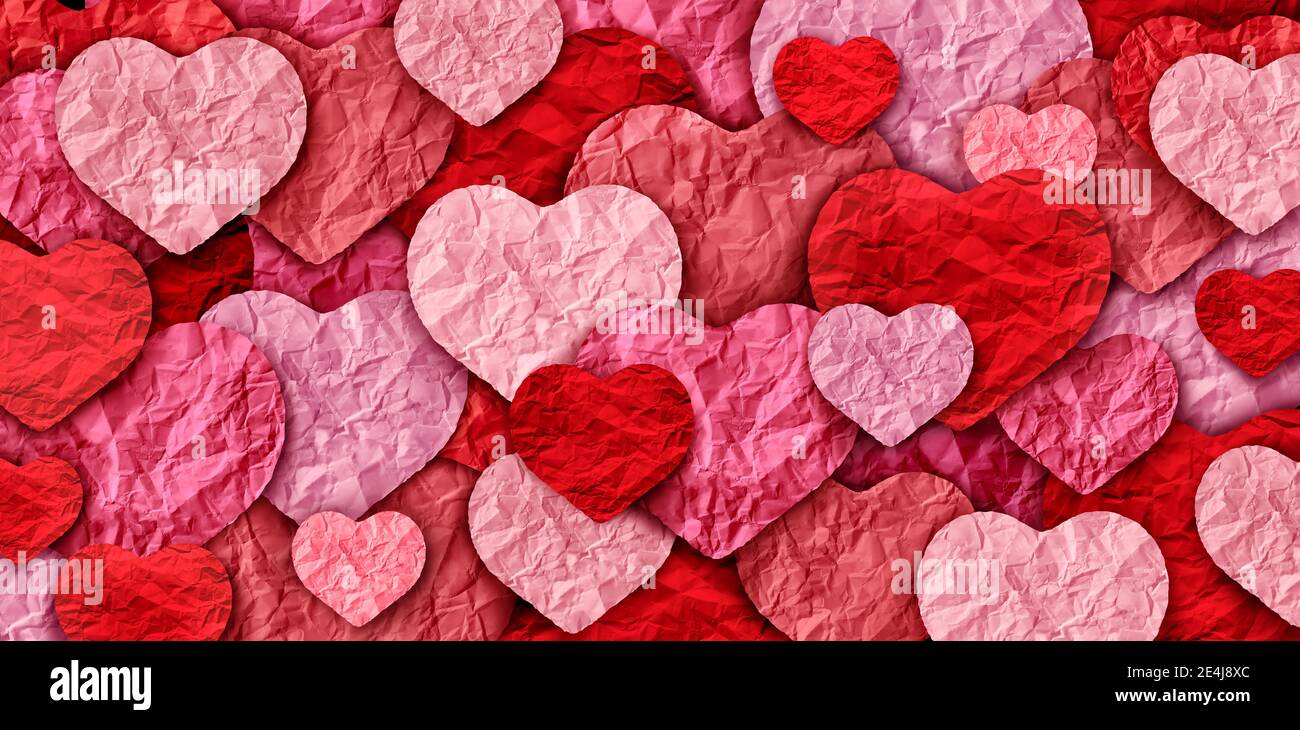Valentines abstract background and Valentine holiday with pink heart designs made of cut paper as a romance greeting. Stock Photo