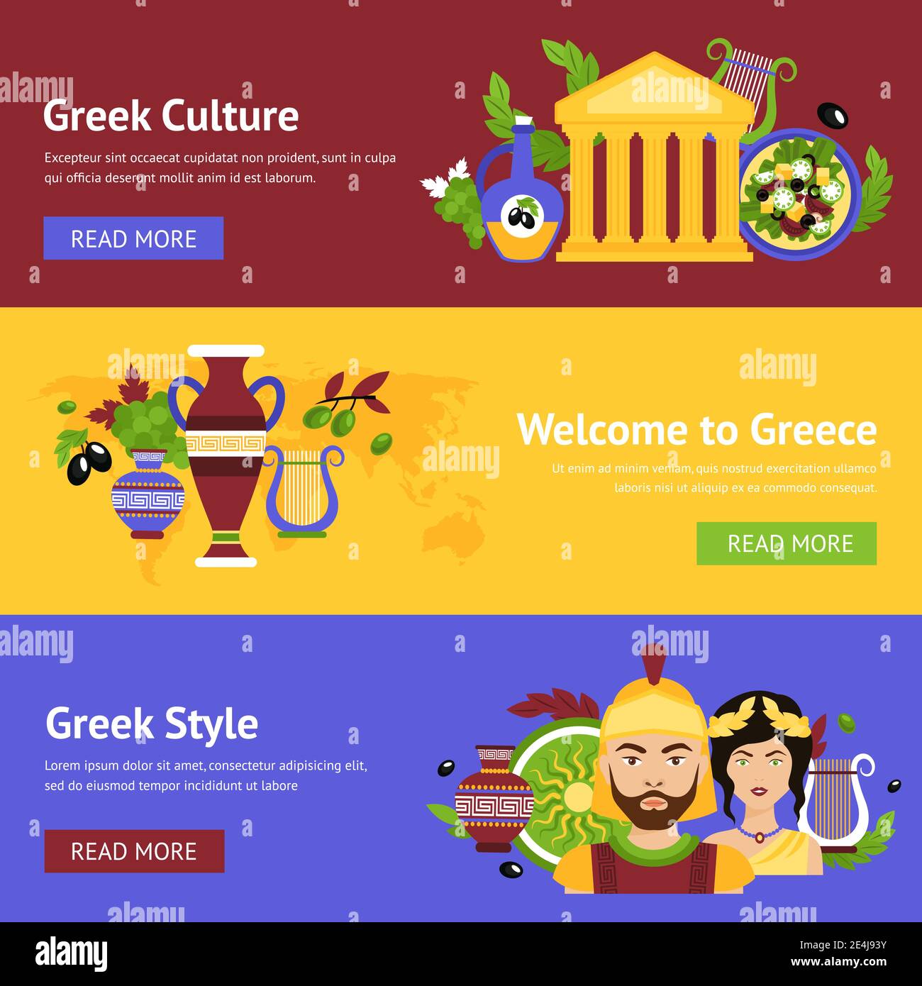 Greece horizontal banner set with greek culture style isolated vector illustration. Stock Vector