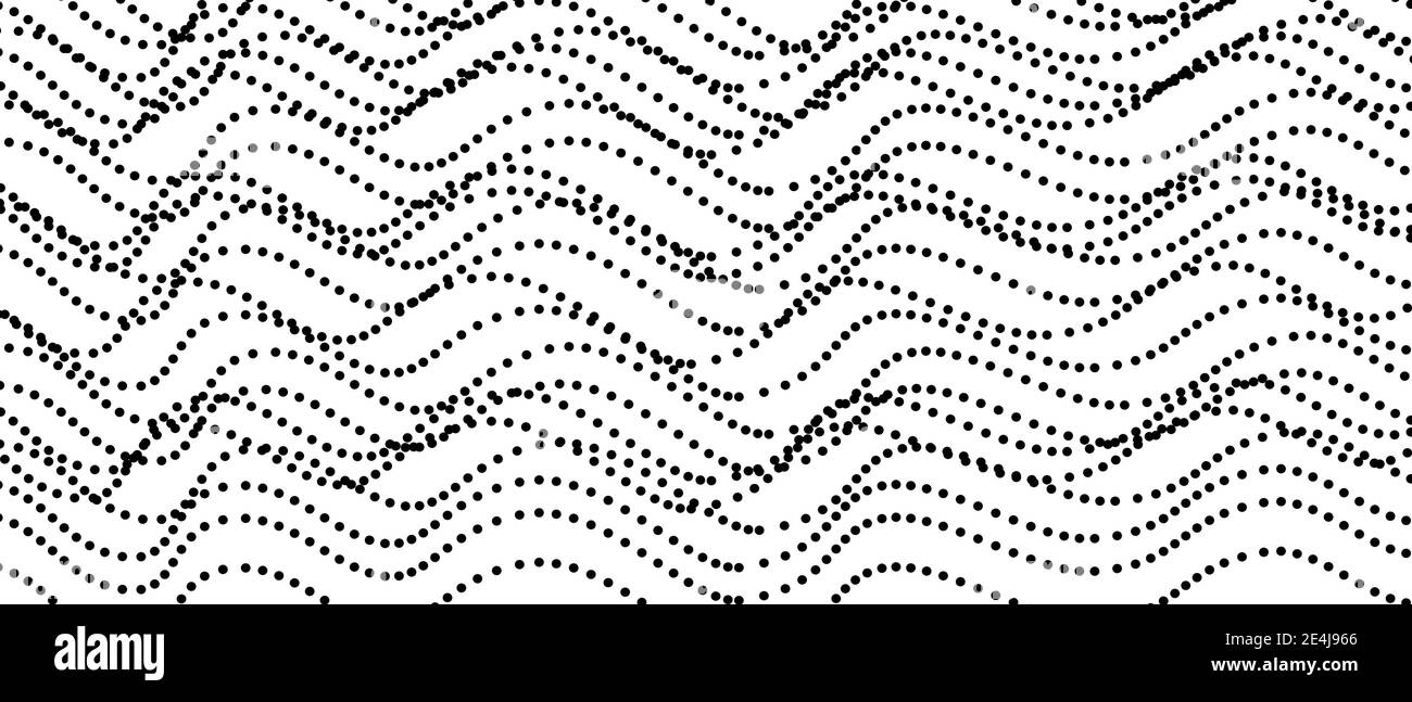 Monochrome chaotic waves, undulating spotted lines. Black, white op art design. Dotted background. Abstract halftone pattern. Wavy curves. Vector EPS0 Stock Vector