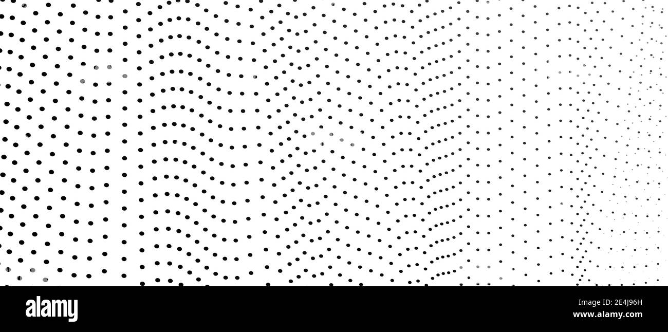 Black and gray spots, white background. Big data concept. Abstract halftone pattern. Dotted lines. Monochrome op art design. Vector airy waves. EPS10 Stock Vector