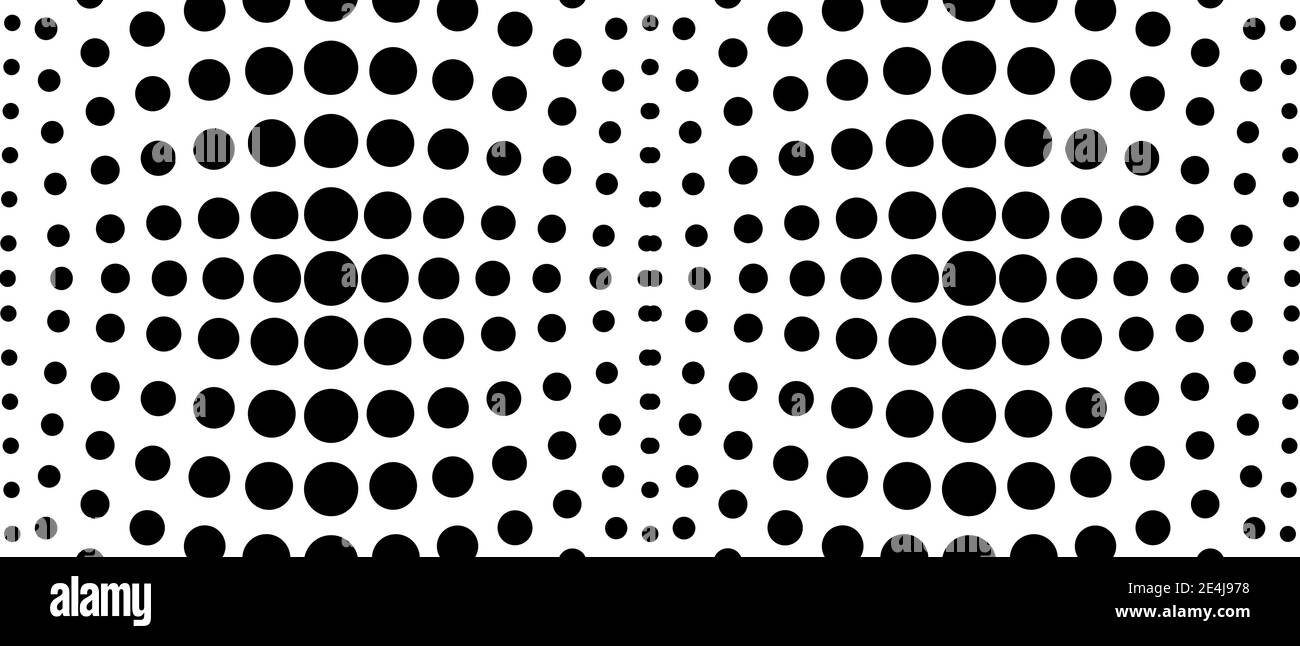 Black, white halftone background. Concept of optical illusion. Symmetric dotted pattern. Monochrome spotted curves. Vector abstract tech design. EPS10 Stock Vector