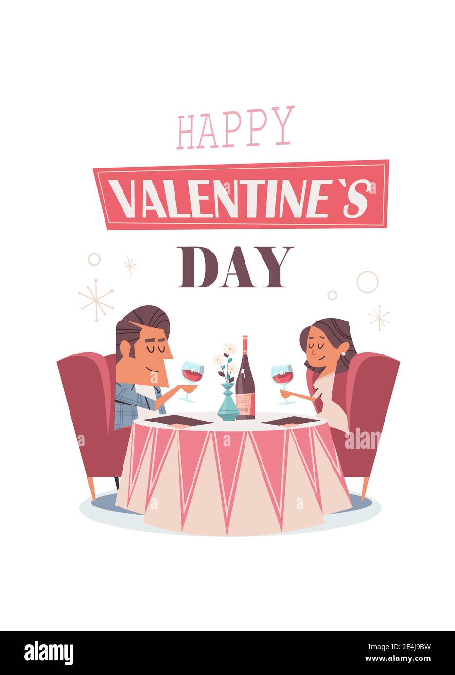 couple in love sitting at cafe table girlfriend and boyfriend drinking wine on date valentines day celebration concept greeting card invitation poster full length vertical vector illustration Stock Vector