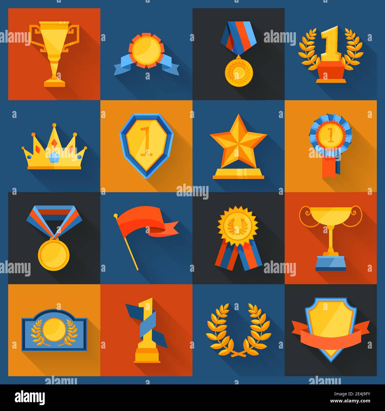 Award icons set flat of cup prize ribbon medal figurine isolated vector ...