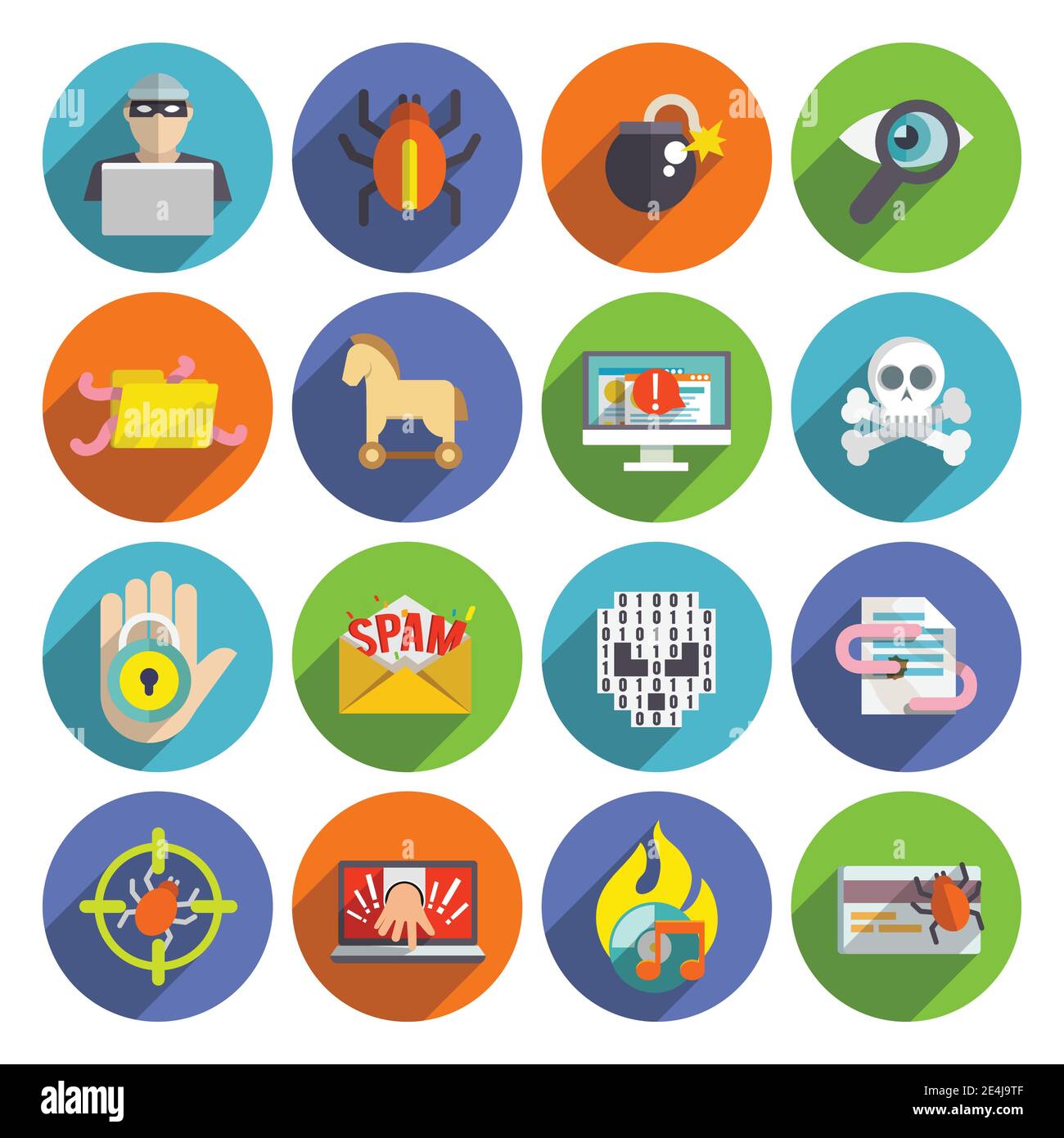 Hacker flat icons set with infected files e-mail spam viruses and bugs ...