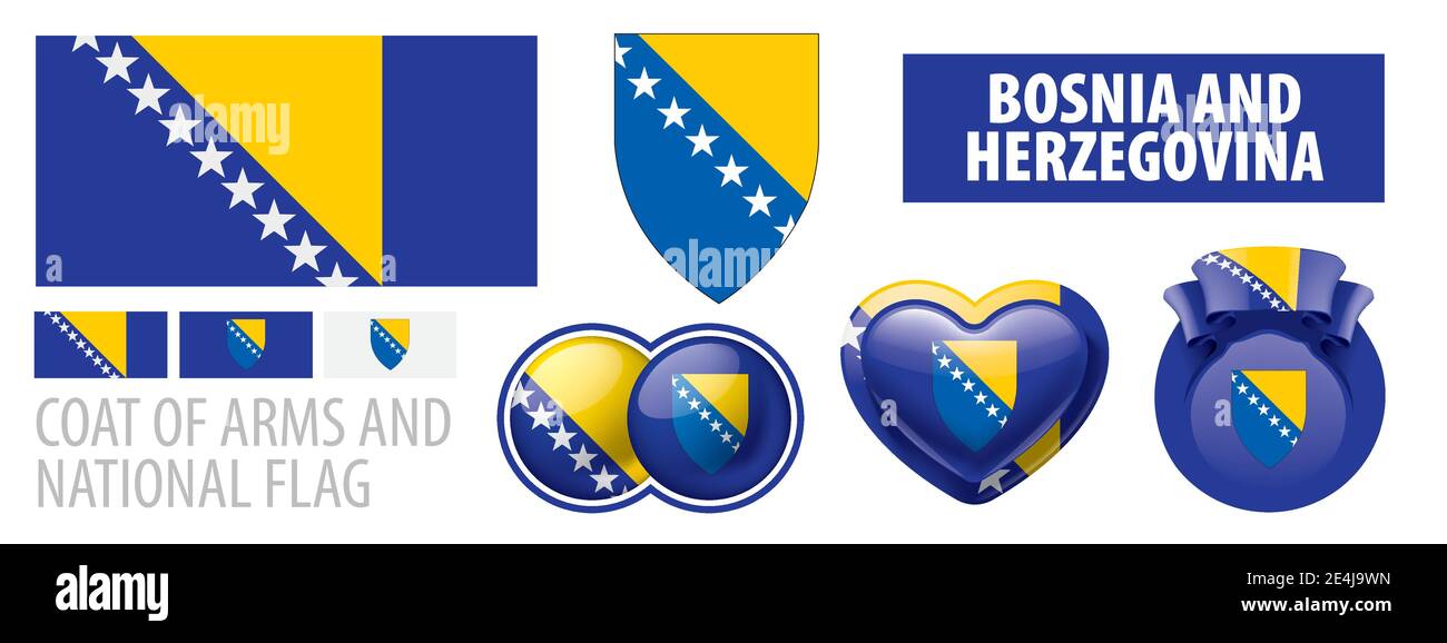 Vector set of the coat of arms and national flag of Bosnia and Herzegovina Stock Vector