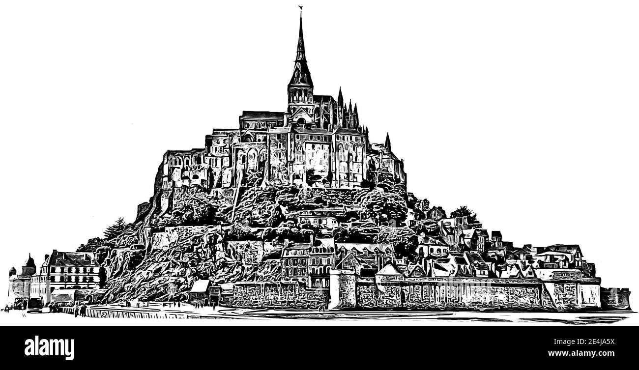 Graphical view at the Mont Saint Michel on white background. Pencil black and white drawing style. Stock Photo