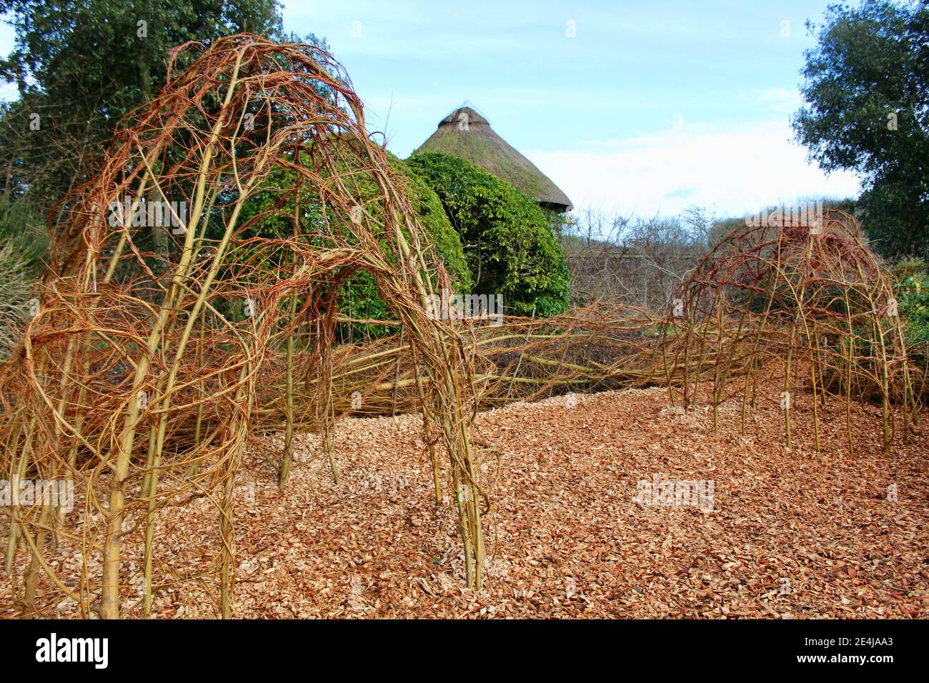 Willow houses at West Dean Gardens, Chichester, West Sussex Stock Photo