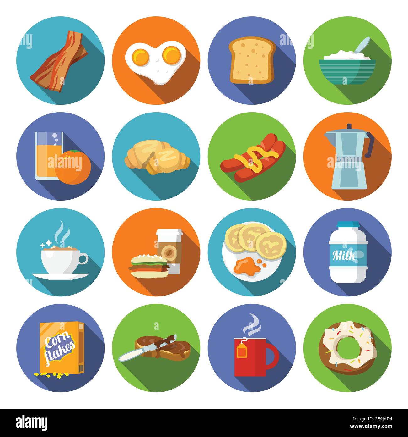 Breakfast fresh food and drinks flat icons set with coffee donut fruit ...