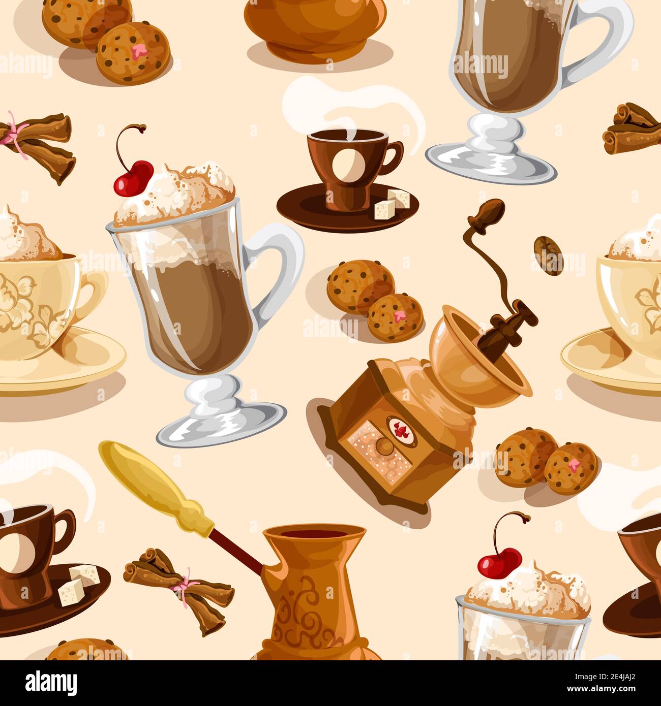 Coffee colored seamless pattern with turk cookies cinnamon grinder cup vector illustration Stock Vector