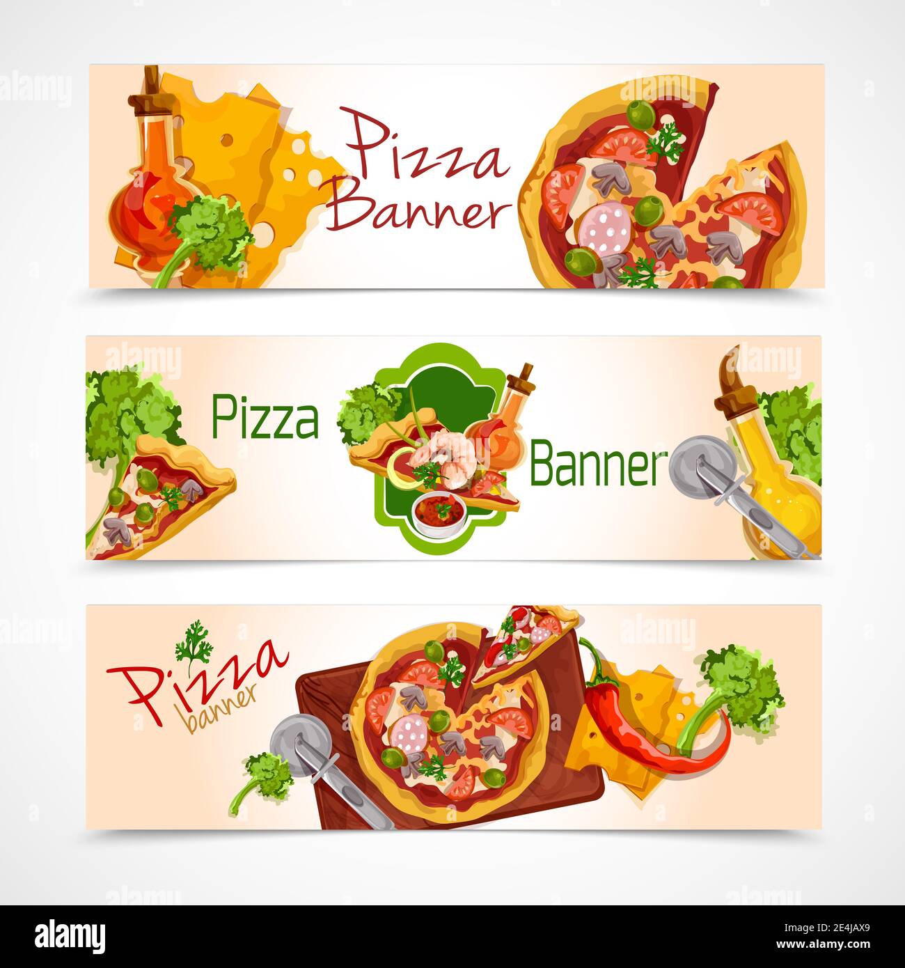 Delicious pizza cut food slices horizontal banners set isolated vector ...