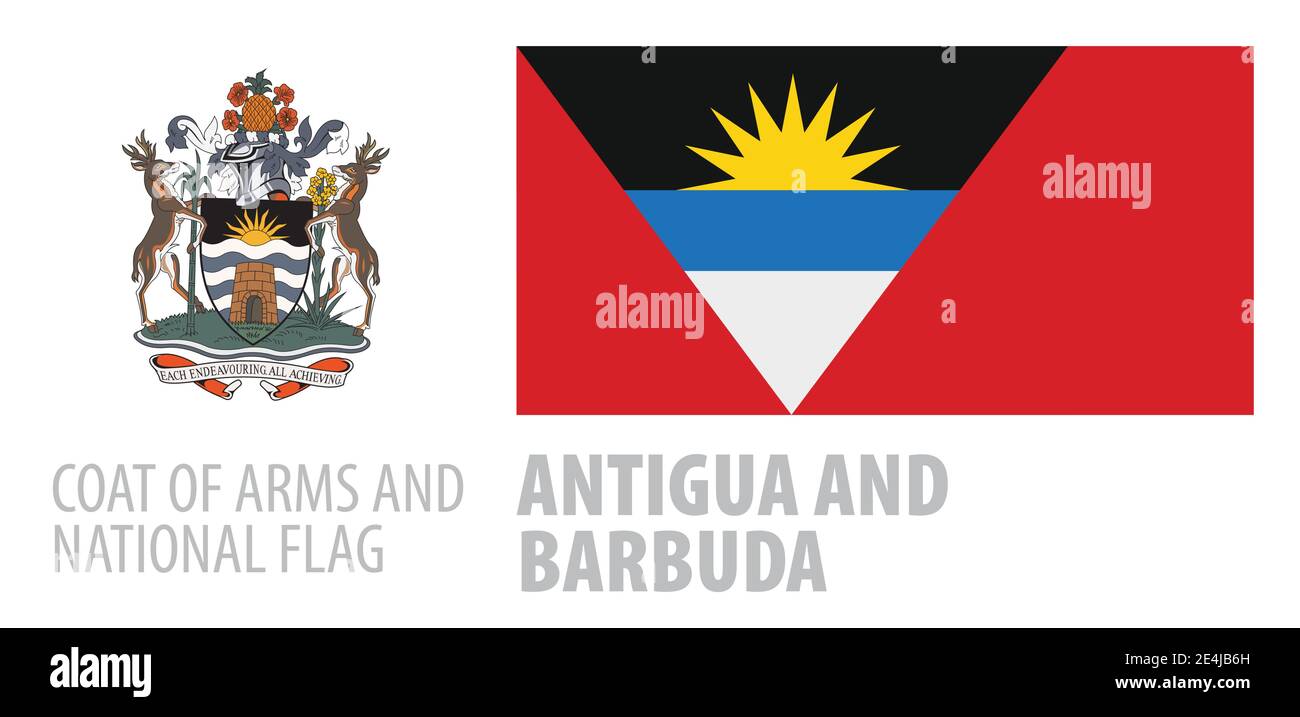 Vector set of the coat of arms and national flag of Antigua and Barbuda