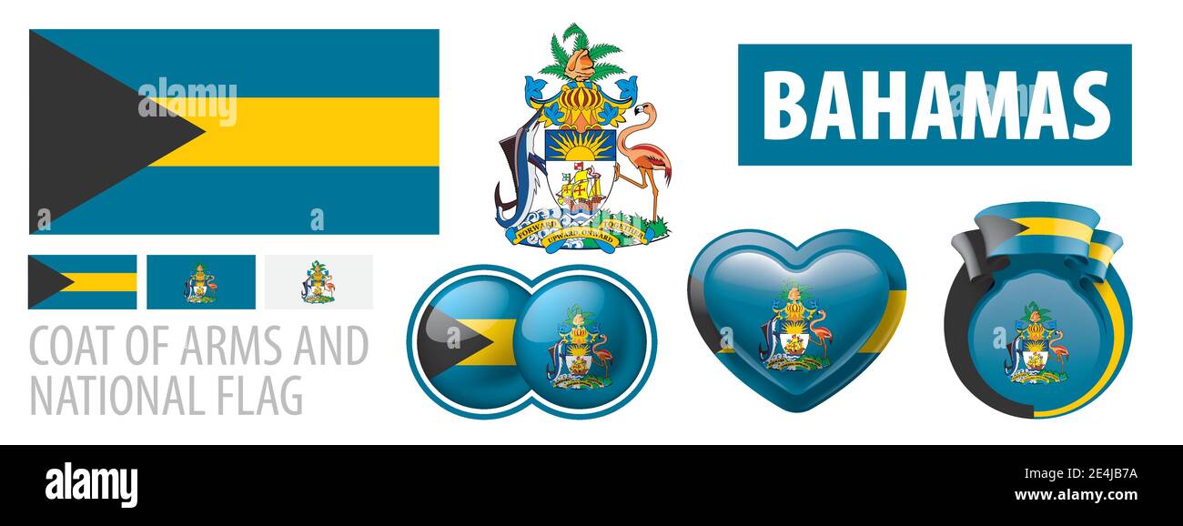 Vector set of the coat of arms and national flag of Bahamas Stock
