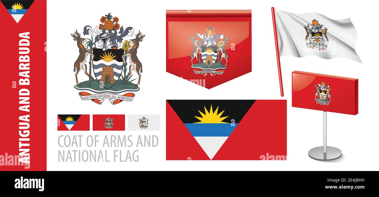 Vector set of the coat of arms and national flag of Antigua and Barbuda
