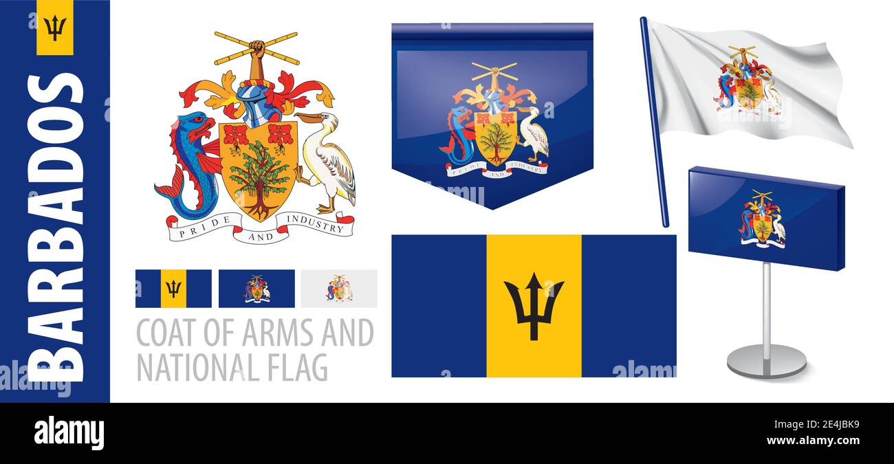 Vector set of the coat of arms and national flag of Barbados Stock