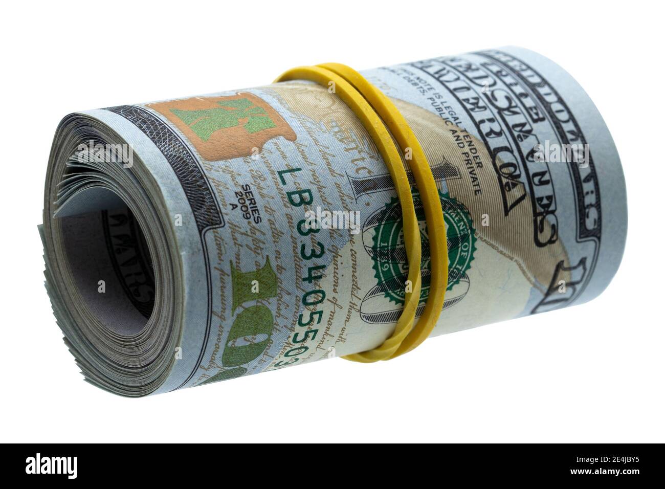 100 dollars rolled into a roll isolated on white background. concept wealth, criminal money, illegal business. Stock Photo
