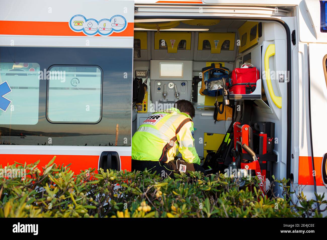 Trieste, Italy - October, 08: The Italian nurse waiting in the emergency ambulance on October 08, 2020 Stock Photo