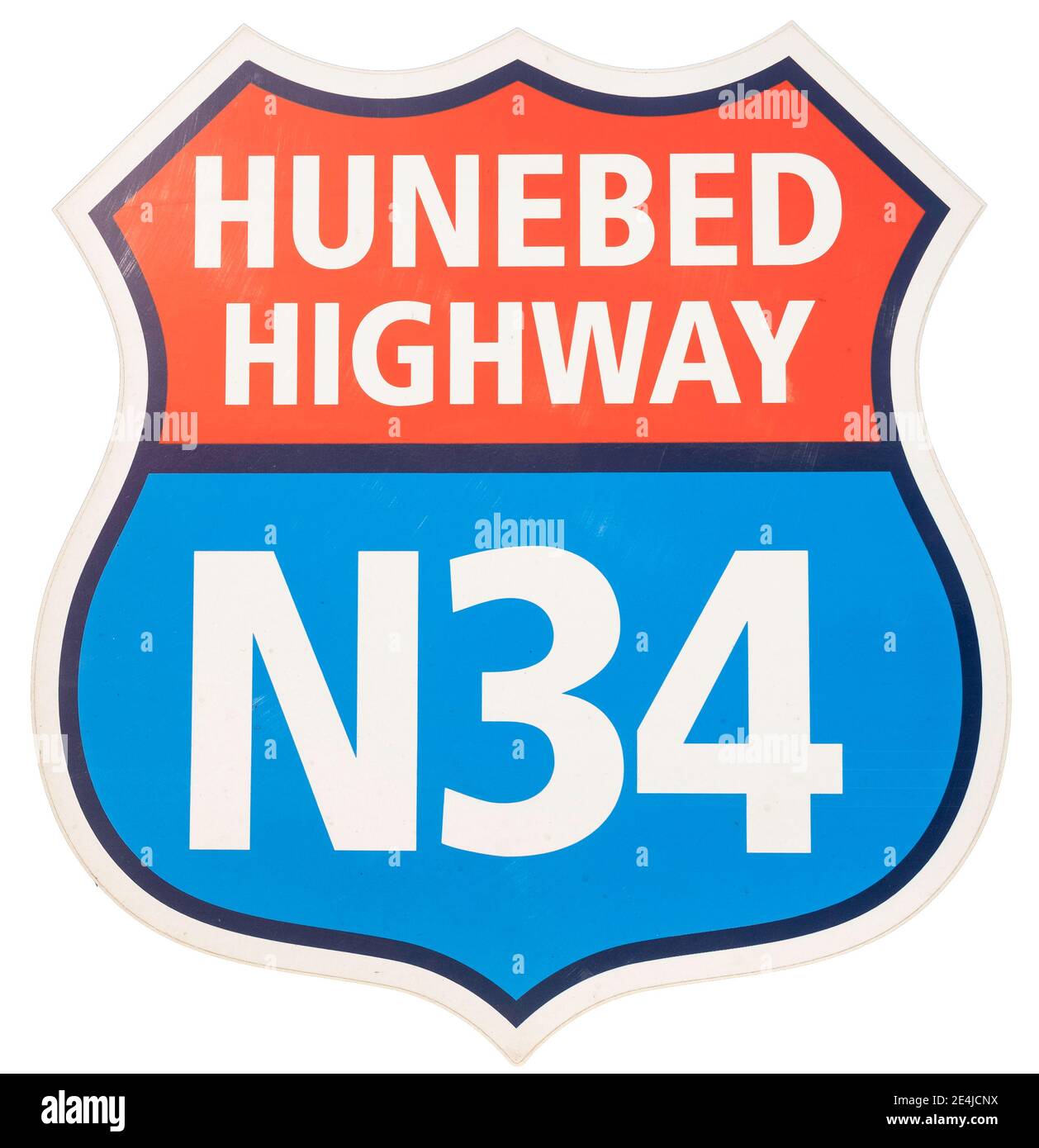 Road sign of historical route Hunebed Highway N34, between Zuidlaren and Coevorden in Hondsrug area in Dutch province Drenthe. Isolated oin white Stock Photo