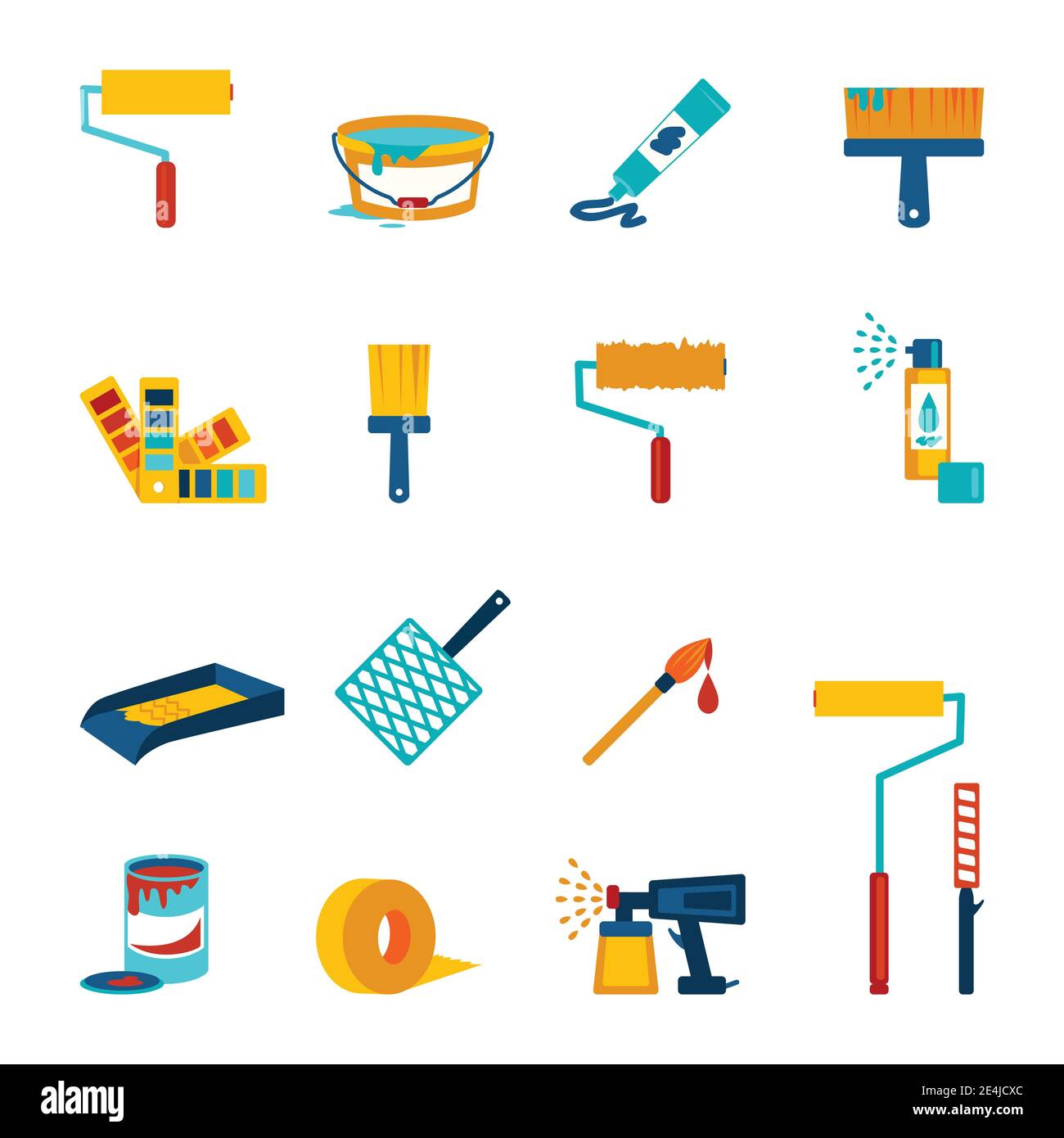 Painting icons flat set with roller bucket brush swatch isolated vector ...