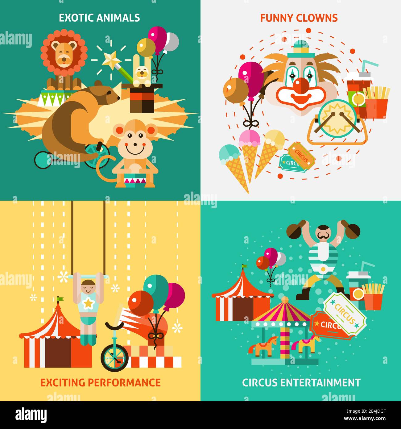Circus entertainment flat icons set with exotic animals funny clowns ...