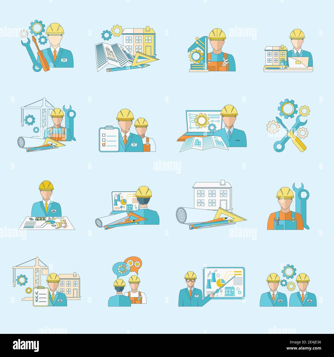 Engineer construction equipment industrial process production and manufacturing icons line set isolated vector illustration. Stock Vector