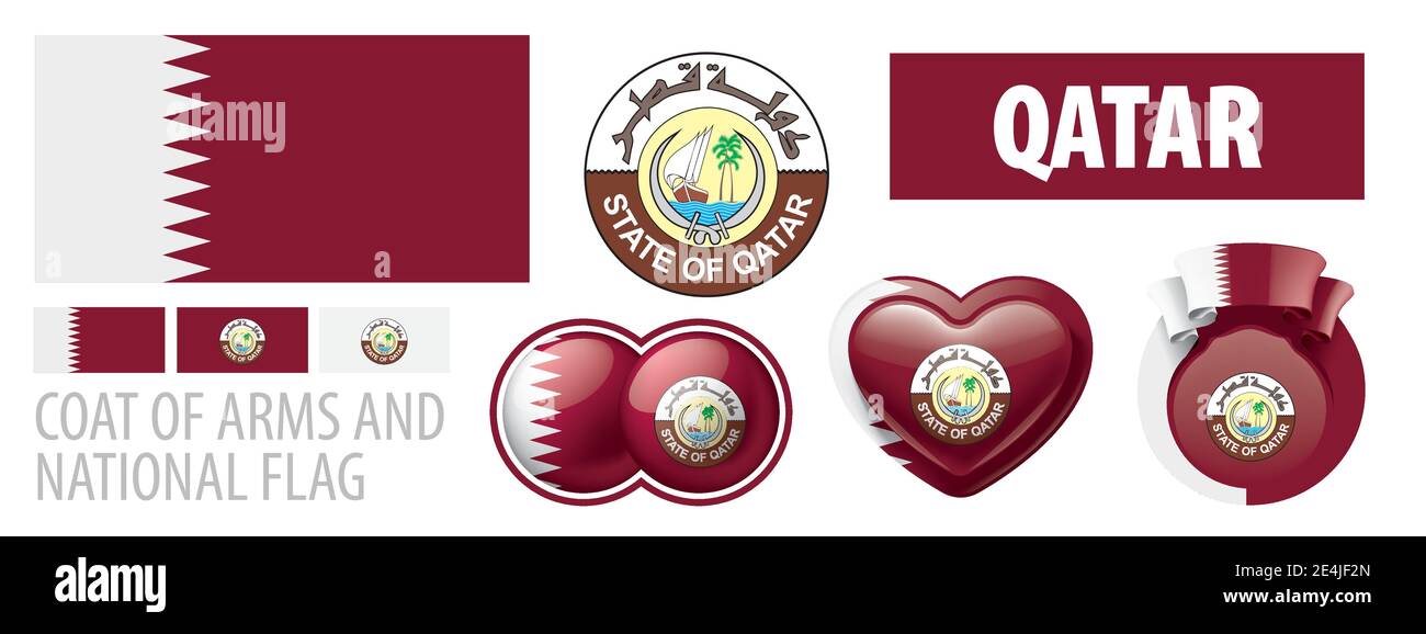 Vector set of the coat of arms and national flag of Qatar Stock Vector