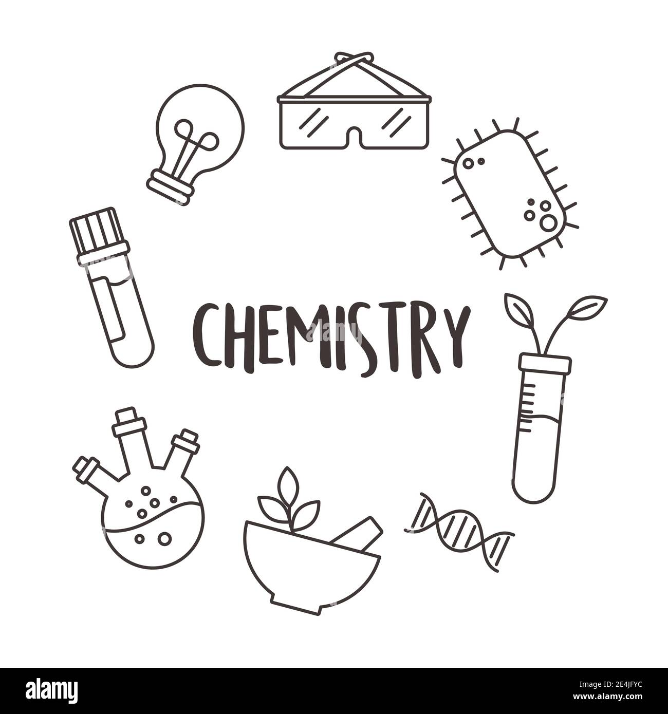 chemistry science test tube mortar bacteria plant and glasses, line style vector illustration Stock Vector