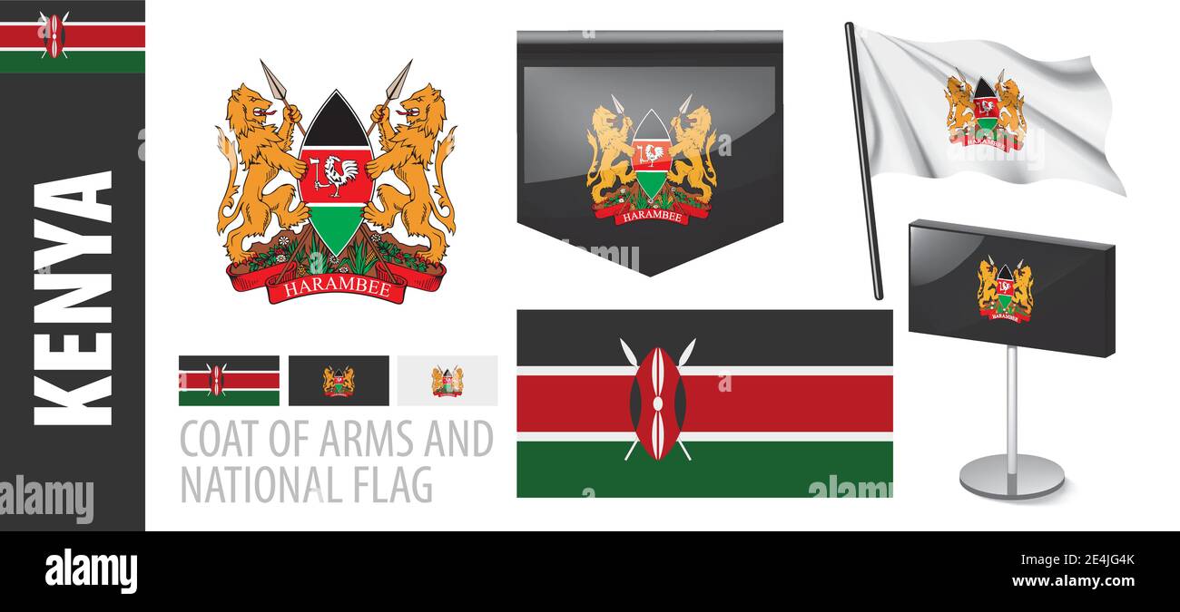 Vector set of the coat of arms and national flag of Kenya Stock Vector