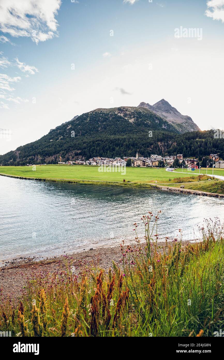 Switzerland, Canton of Grisons, Silvaplana, Shore of Silvaplana Lake with village in background