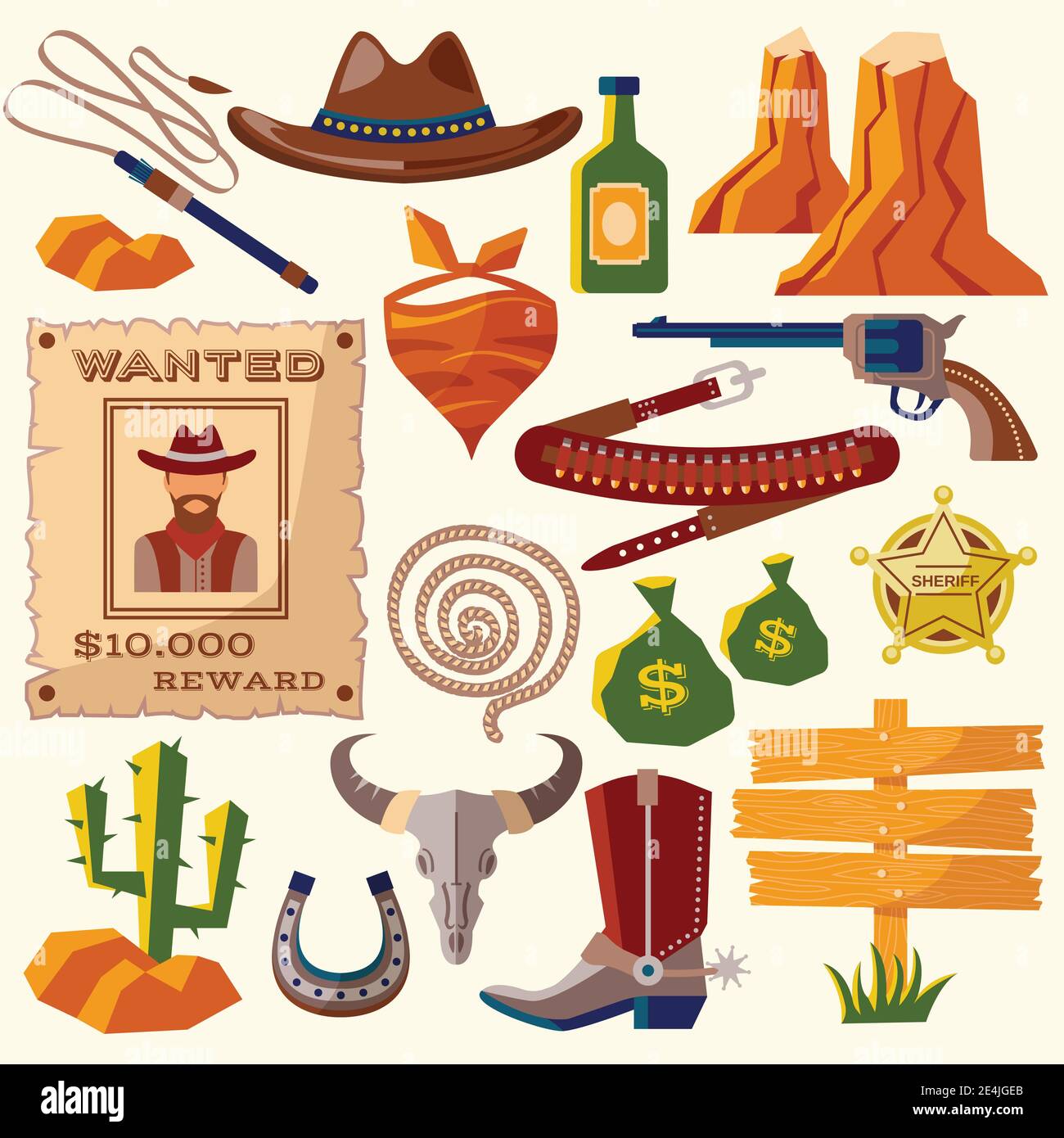 Wild west cowboy flat icons set with gun money bag hat isolated vector illustration Stock Vector