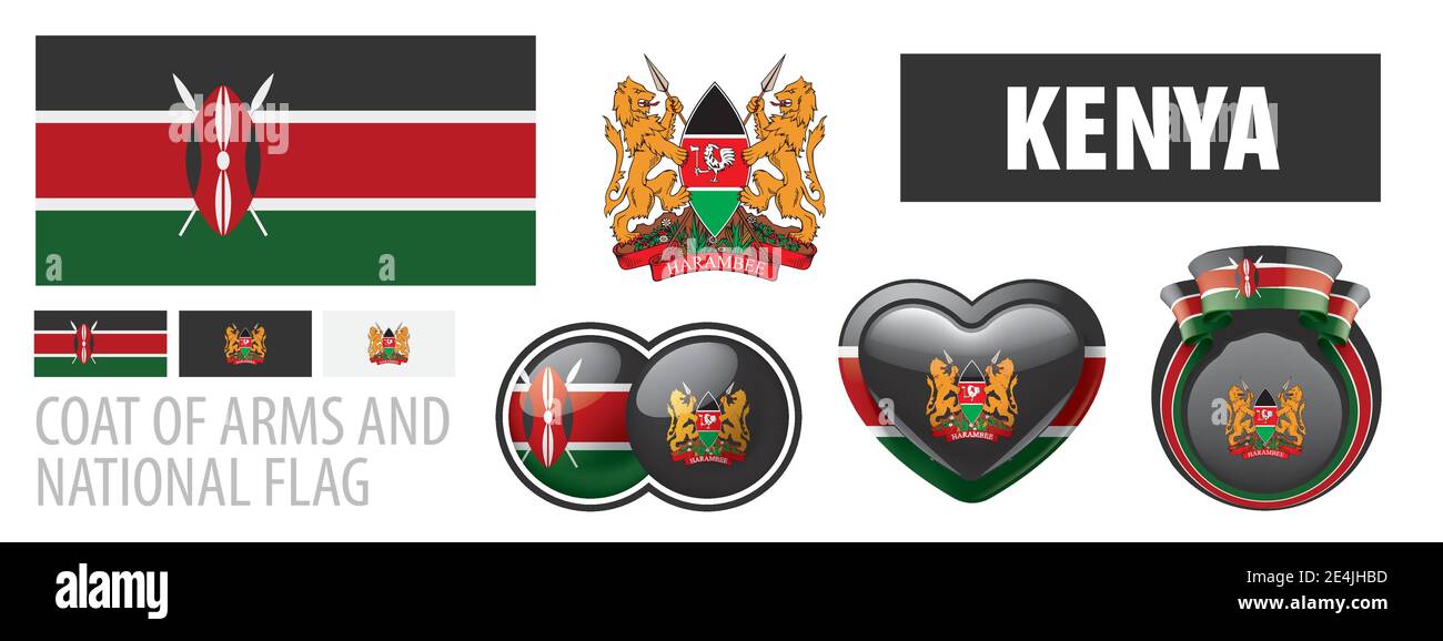 Vector set of the coat of arms and national flag of Kenya Stock Vector
